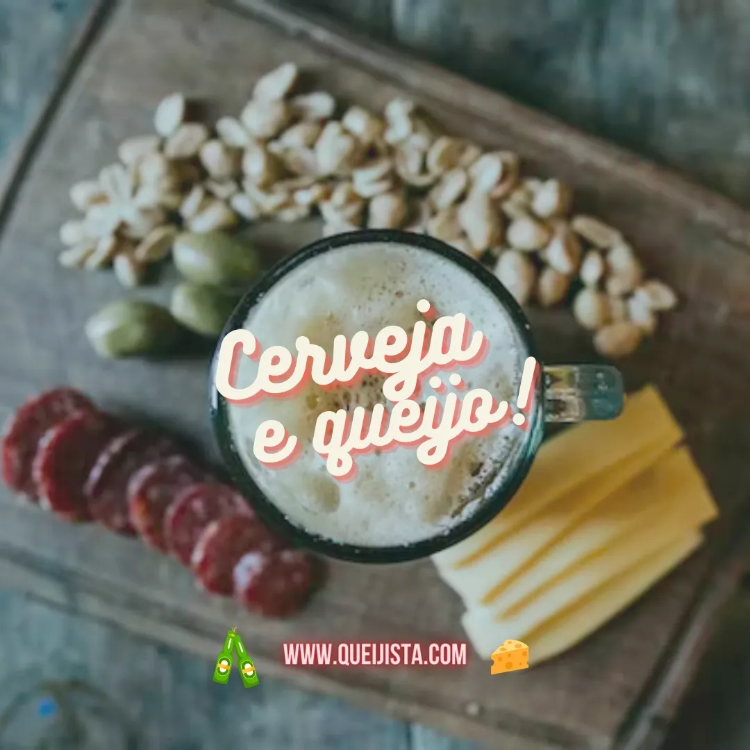 Foto com uma tábua de madeira vista de cima com queijos, nozes, azeitonas, salame e cerveja. Site queijista.com da Laís Novoa