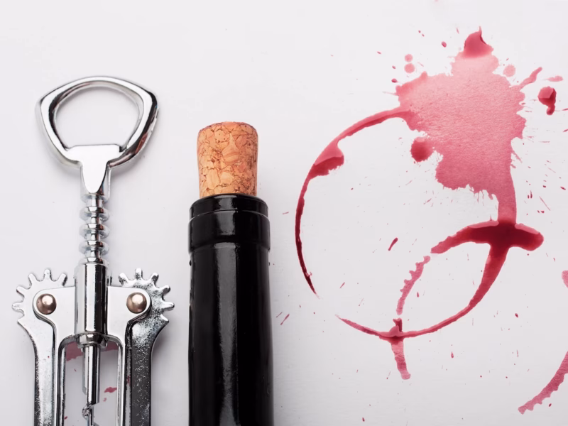Imagem de um saca rolha, um vinho e manchas de garrafa de vinho para ilustrar a matéria como abrir vinho sem saca rolha